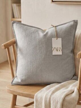 NWT Zara Home European Linen Cushion Cover Light Grey Blue 17.5"